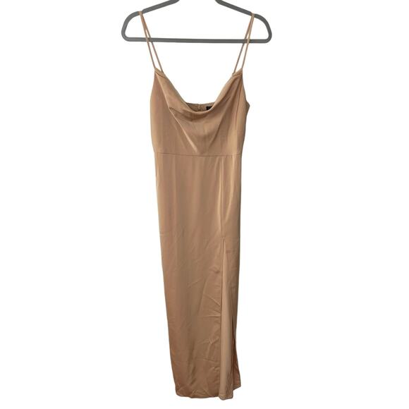 NBD Lila Gown Maxi Satin Cowl Neck Adjustable Strap Side Slit Champagne Size XS - Picture 4 of 11